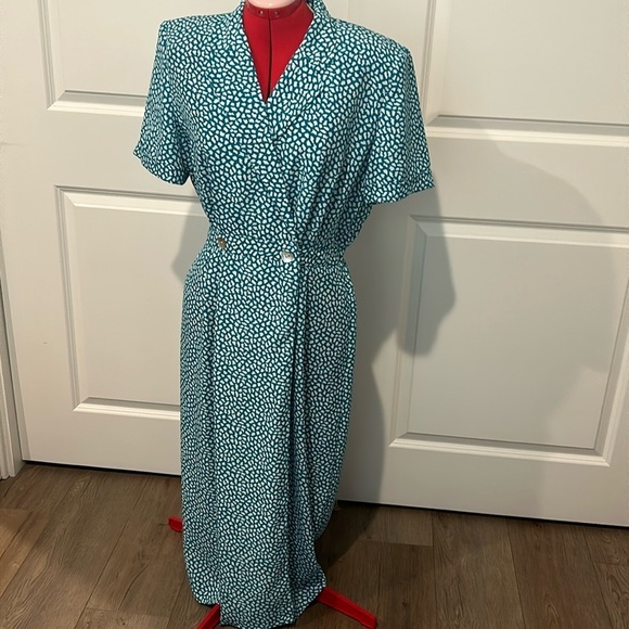 Sag Harbor Vintage Teal Green and White Faux Wrap Short Sleeve Dress Size 12 - Picture 1 of 6
